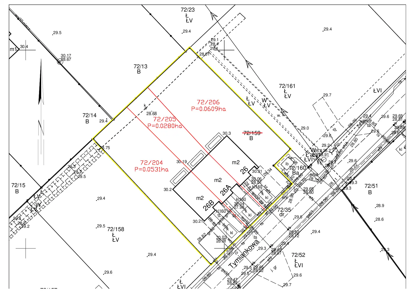 Mapa z projektem podziału działki - nowe granice działek 72/204, 72/205 i 72/206 zaznaczone kolorem czerwonym z podanymi powierzchniami